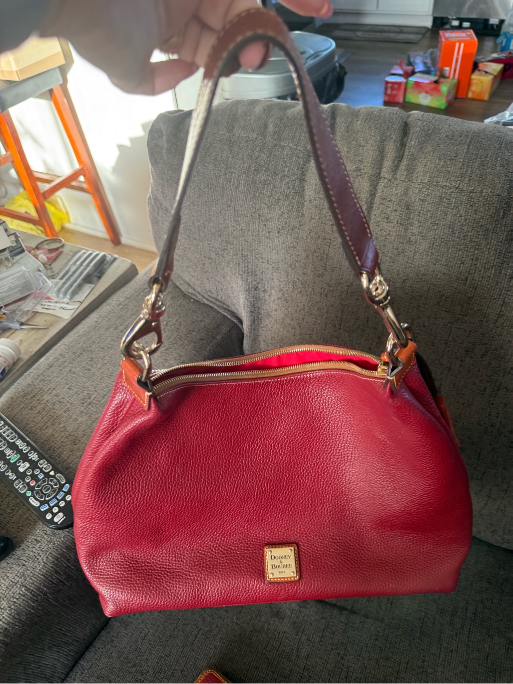 Dooney & Bourke Red Pebble Leather Shoulder Bag With Brown Strap